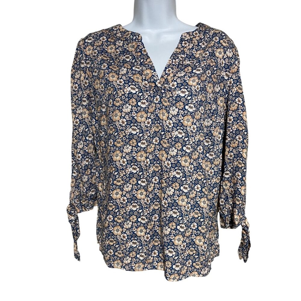 Rose & Thyme Womens Floral Print Blouse Size S Rayon Blue Beige 3/4 Tie Sleeve